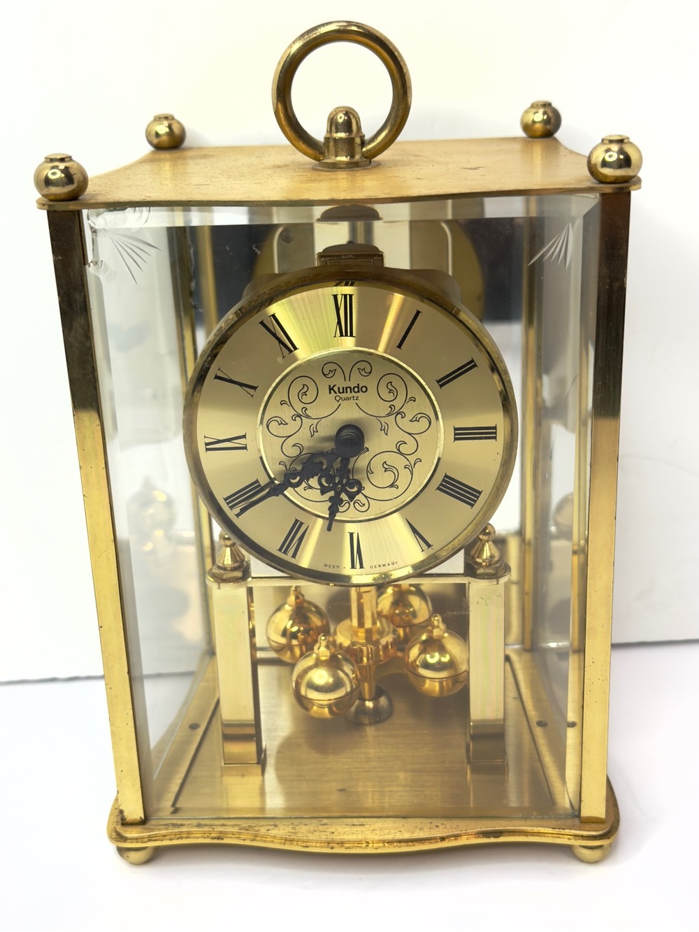 Kundo Quartz Brass Glass Mantel Clock West Germany Working, READ DESCRIPTION